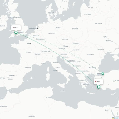 Mapa de vuelo directo Brístol - Bodrum