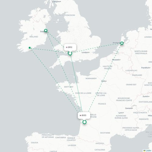 Mapa de vuelo directo Brístol - Burdeos