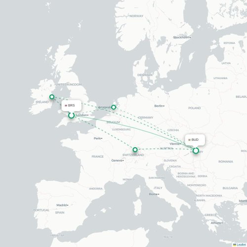 Mapa de vuelo directo Brístol - Budapest
