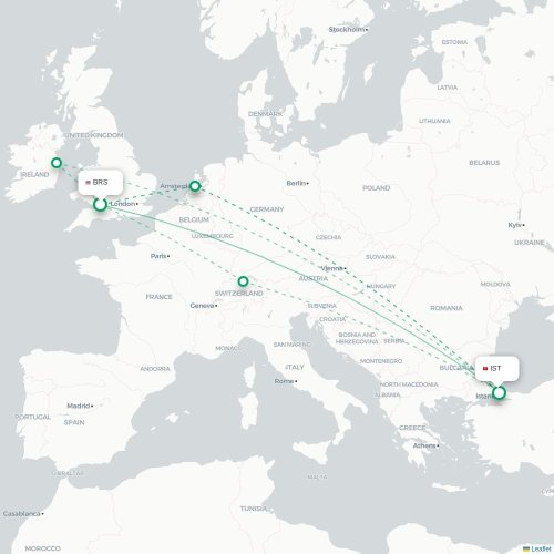 Mapa de vuelo directo Brístol - Estambul