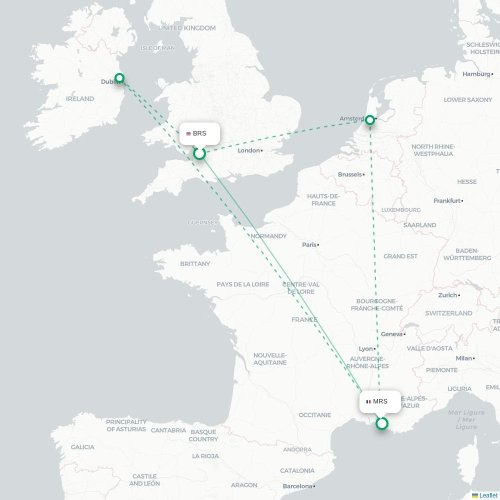 Mapa de vuelo directo Brístol - Marsella
