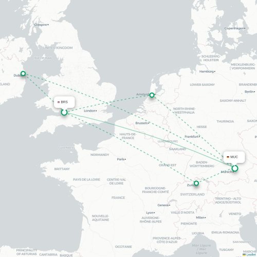 Mapa de vuelo directo Brístol - Múnich
