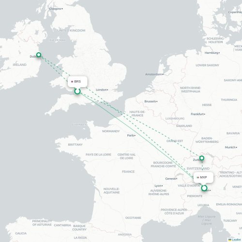 Mapa de vuelo directo Brístol - Milán