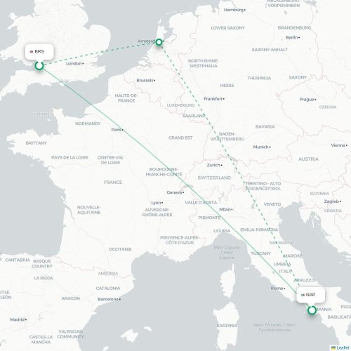 Mapa de vuelo directo Brístol - Nápoles