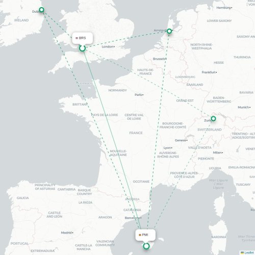 Mapa de vuelo directo Brístol - Palma