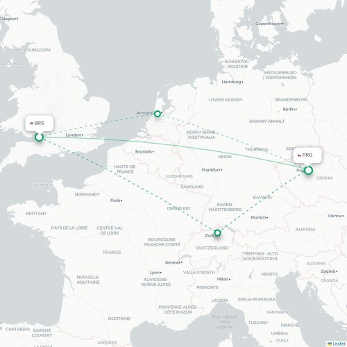 Mapa lotu bezpośredniego Bristol – Praga