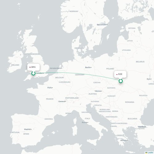 Mapa de vuelo directo Brístol - Rzeszów