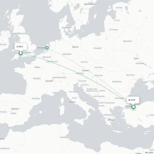 Mapa de vuelo directo Brístol - Estambul
