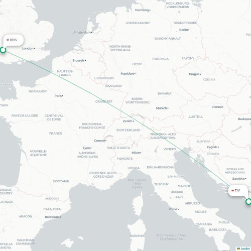 Mapa de vuelo directo Brístol - Tivat
