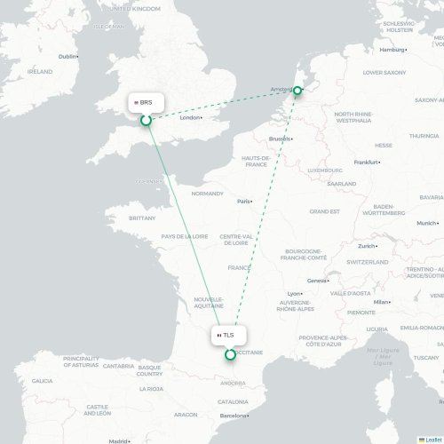 Mapa de vuelo directo Brístol - Toulouse