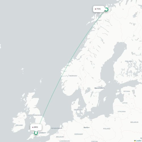 Mapa de vuelo directo Brístol - Tromso