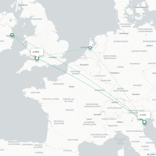 Mapa de vuelo directo Brístol - Venecia