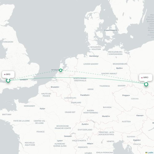 Mapa lotu bezpośredniego Bristol – Wrocław