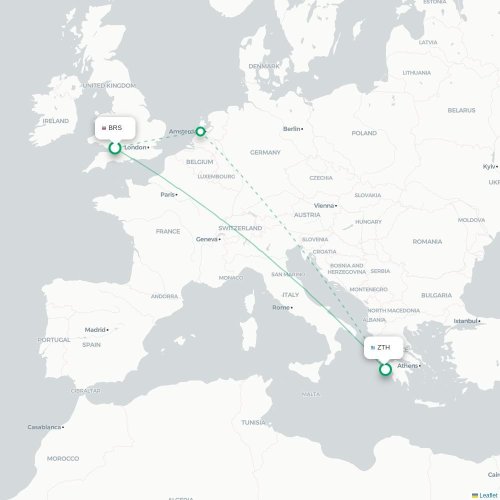 Mapa de vuelo directo Brístol - Zakynthos