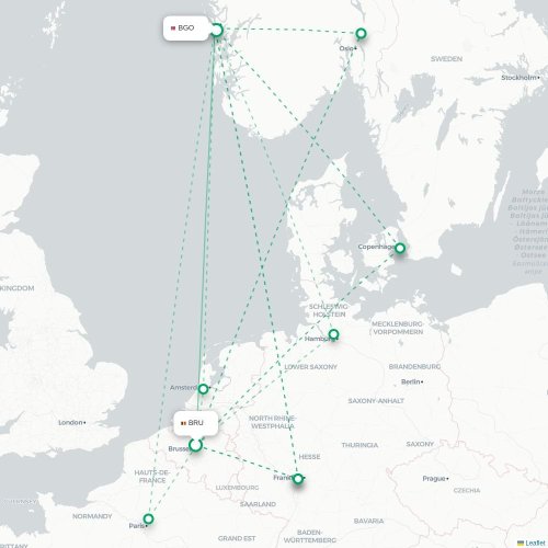Mapa de vuelo directo Bruselas - Bergen