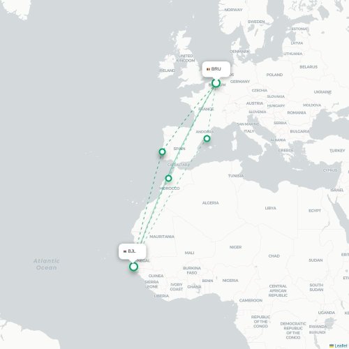 Brussels - Banjul karta över direktflyg