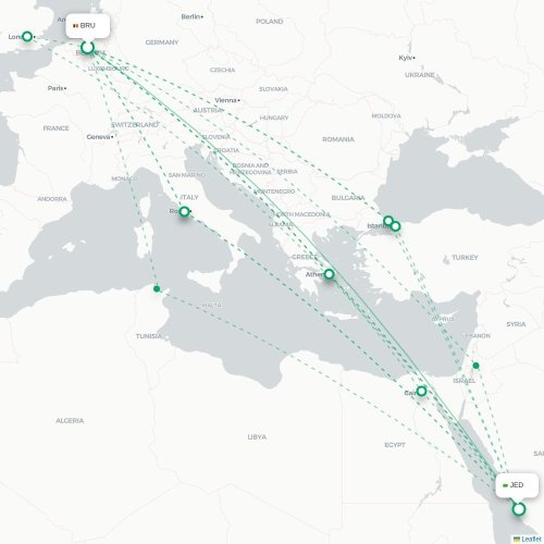 Brussels - Jeddah karta över direktflyg