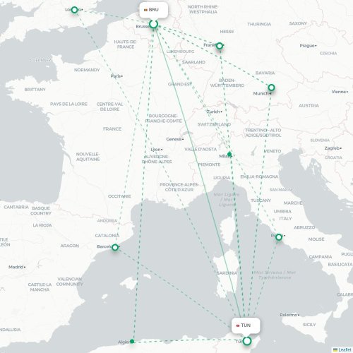 Mapa lotu bezpośredniego Bruksela – Tunis