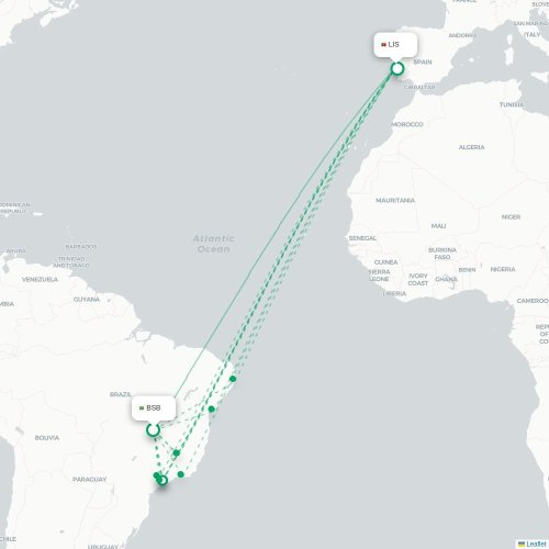 Mapa lotu bezpośredniego Brasília – Lizbona