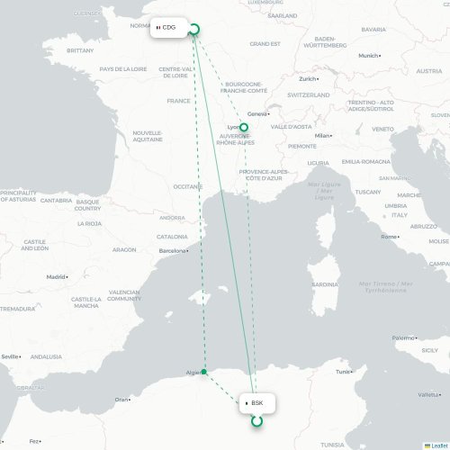 Mapa de vuelo directo Biskra - París