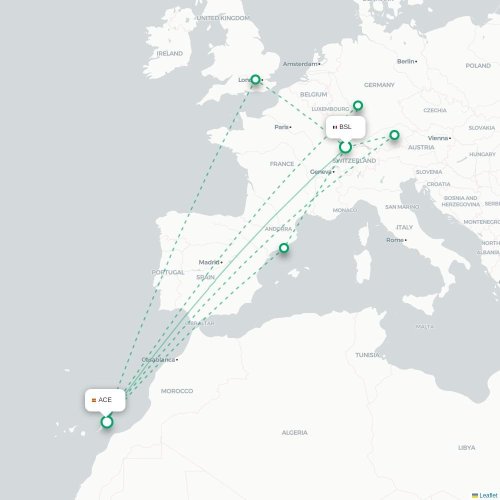 Mapa de vuelo directo Basilea, Suiza - Arrecife