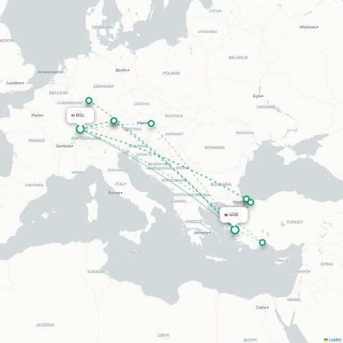 Mapa de vuelo directo Basilea, Suiza - Esmirna
