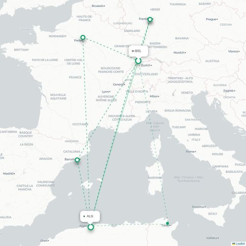 Mapa de vuelo directo Basilea, Suiza - Argel