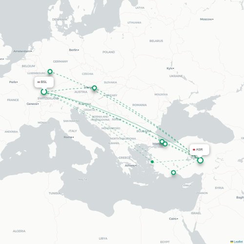 Mapa de vuelo directo Basilea, Suiza - Kayseri