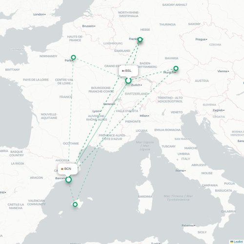 Mapa de vuelo directo Basilea, Suiza - Barcelona
