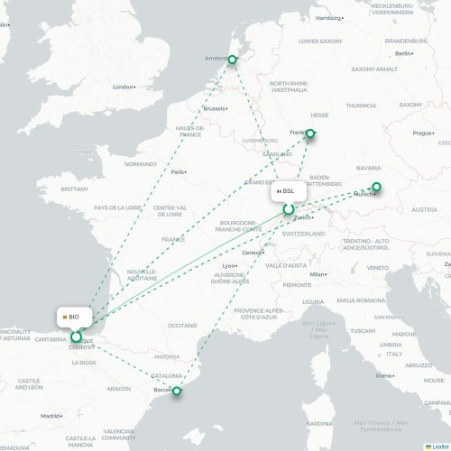 Mapa de vuelo directo Basilea, Suiza - Bilbao