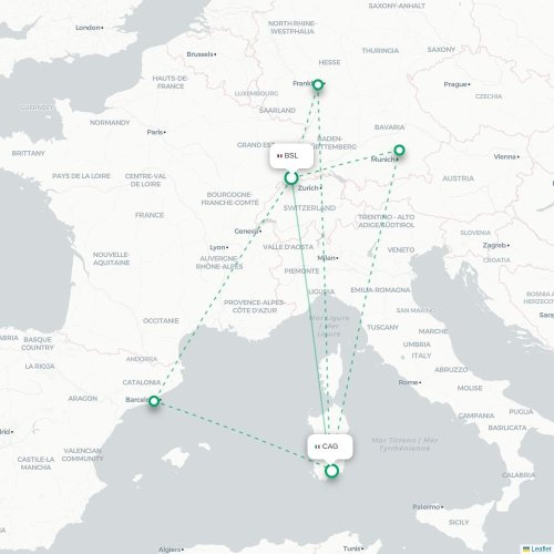 Mapa de vuelo directo Basilea, Suiza - Cagliari