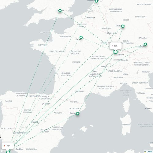 Mapa de vuelo directo Basilea, Suiza - Faro