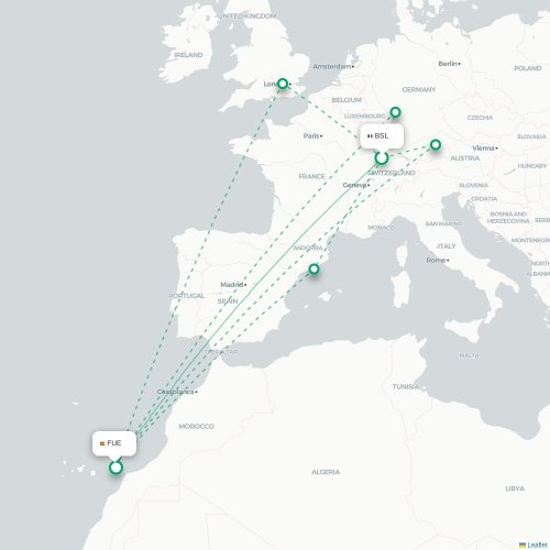 Mapa de vuelo directo Basilea, Suiza - Puerto del Rosario