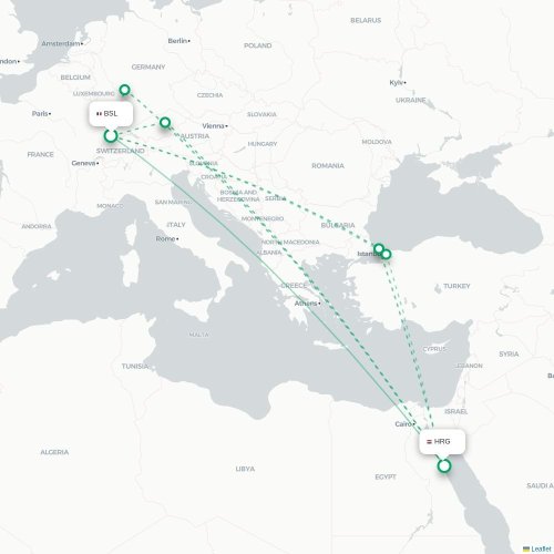 Mapa de vuelo directo Basilea, Suiza - Hurgada