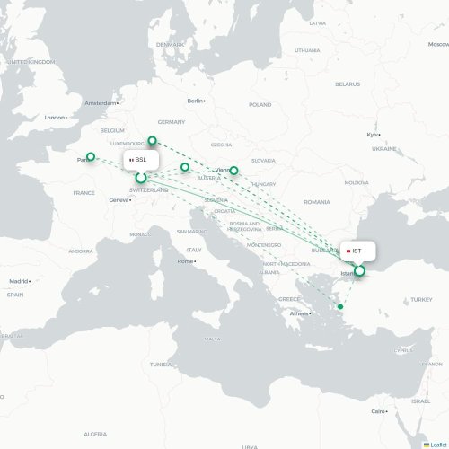 Mapa de vuelo directo Basilea, Suiza - Estambul