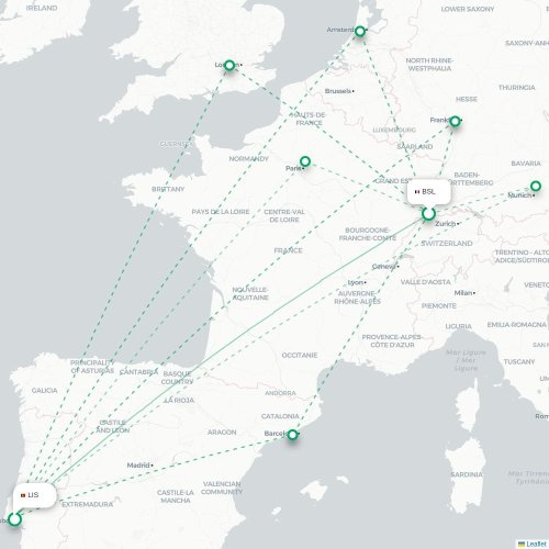Mapa de vuelo directo Basilea, Suiza - Lisboa