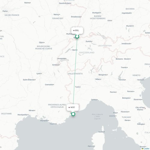 Mapa de vuelo directo Basilea, Suiza - Niza
