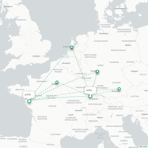 Mapa de vuelo directo Basilea, Suiza - Nantes