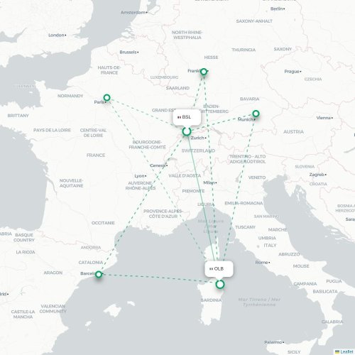 Mapa de vuelo directo Basilea, Suiza - Olbia