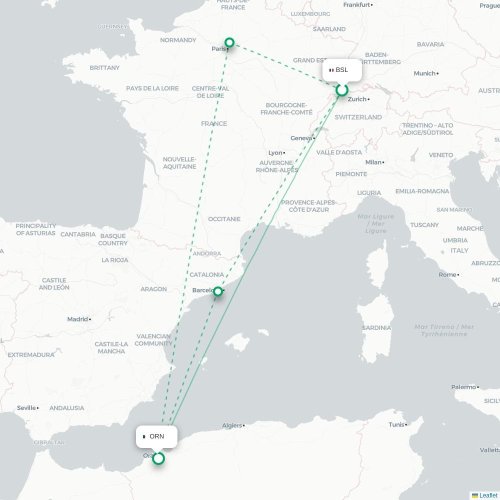 Mapa de vuelo directo Basilea, Suiza - Orán