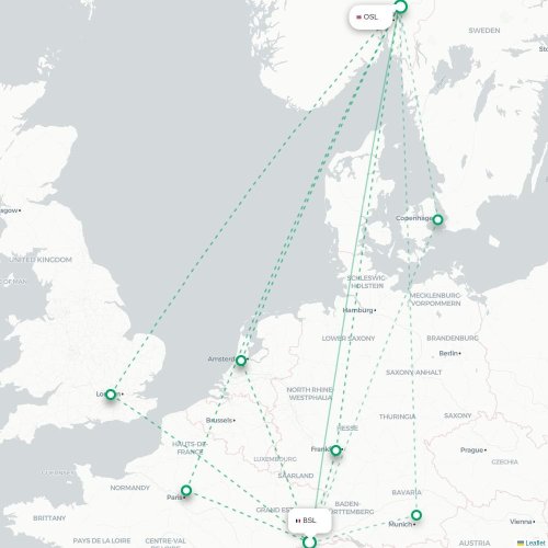 Mapa de vuelo directo Basilea, Suiza - Oslo
