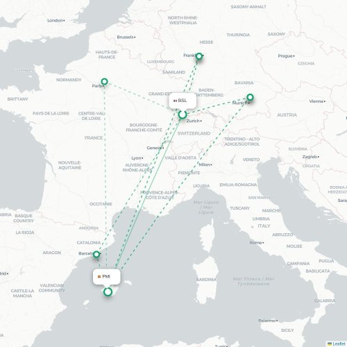 Mapa de vuelo directo Basilea, Suiza - Palma
