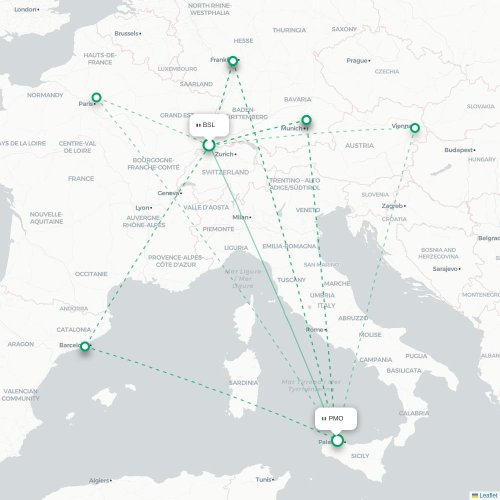 Mapa de vuelo directo Basilea, Suiza - Palermo