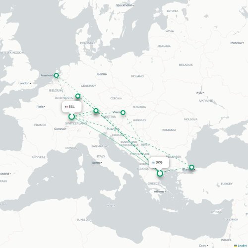 Basel, Schweiz - Thessaloniki kort over direkte fly