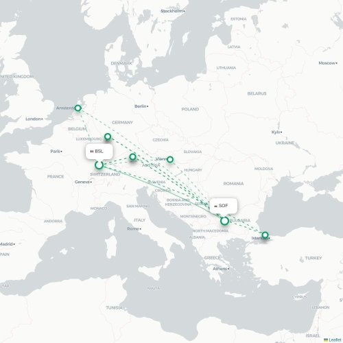 Mapa lotu bezpośredniego Bazylea, Szwajcaria – Sofia