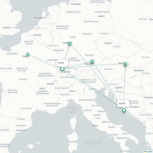 Mapa de vuelo directo Basilea, Suiza - Split