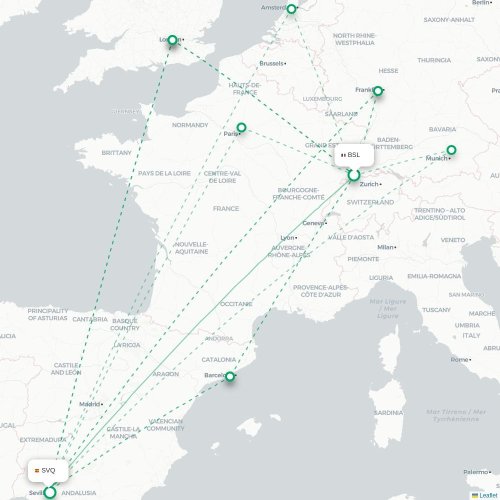 Bazel, Zwitserland - Seville kaart van rechtstreekse vlucht