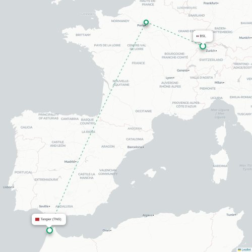Mapa lotu bezpośredniego Bazylea, Szwajcaria – Tanger