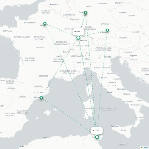 Mapa lotu bezpośredniego Bazylea, Szwajcaria – Tunis