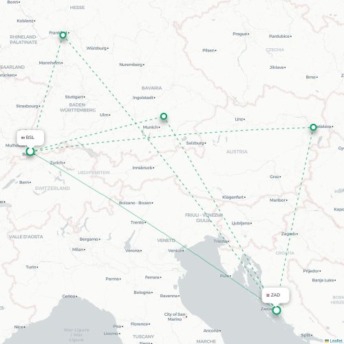 Mapa de vuelo directo Basilea, Suiza - Zadar